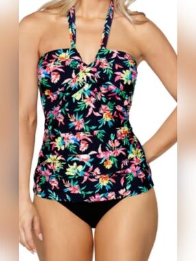 Navy Floral Tankini Top with Removable Halter Strap